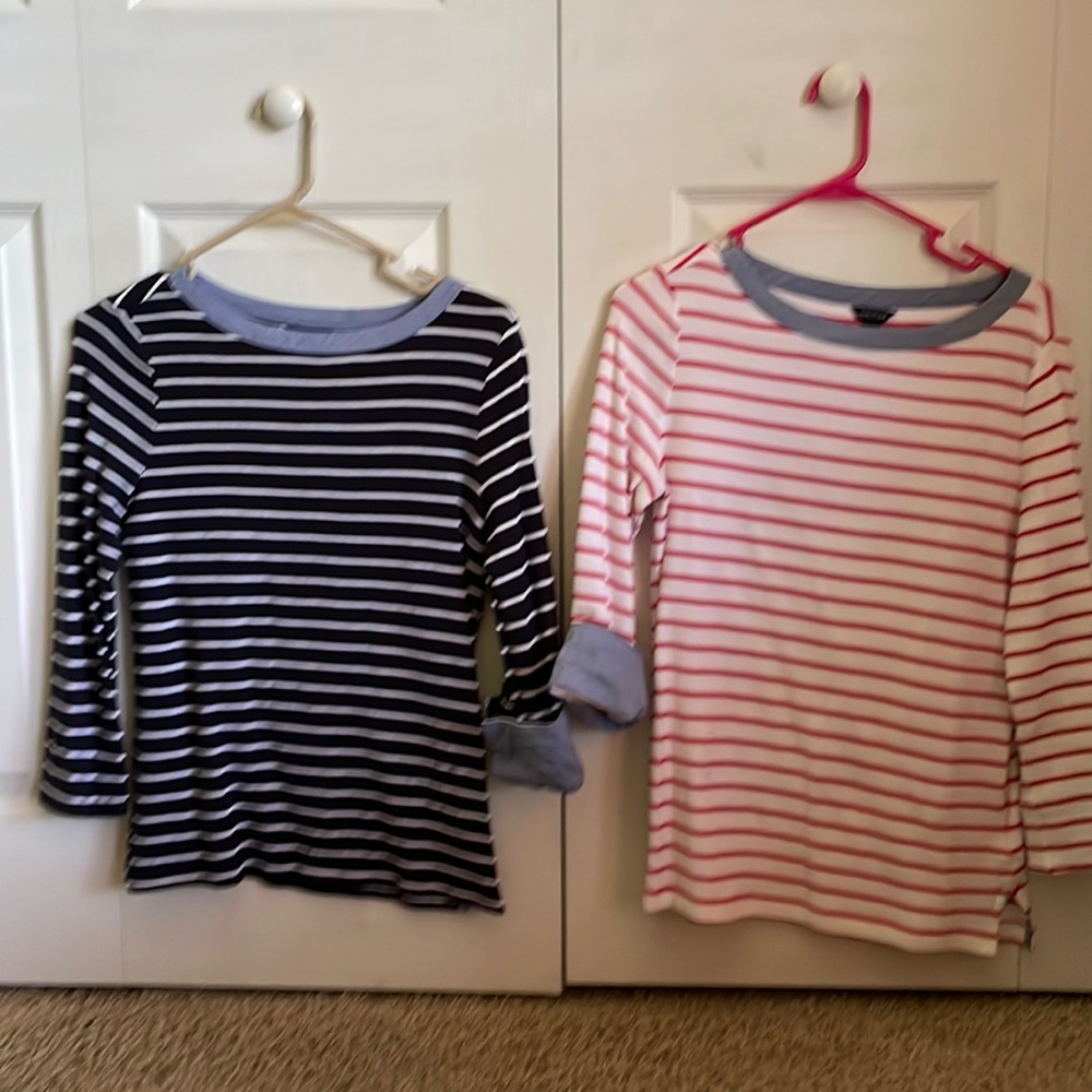 3/4 quarter sleeve striped shirts with wide oval neck opening.
